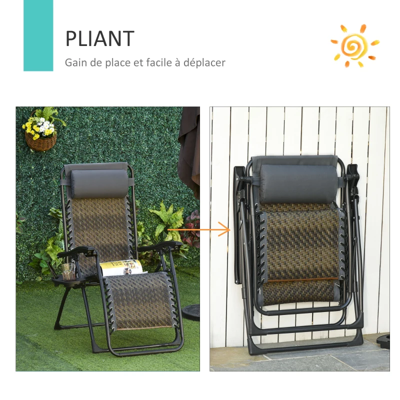 Outsunny Chaise longue pliable de jardin zéro gravité plateau porte gobelet accessoires tétière acier résine tressée gris