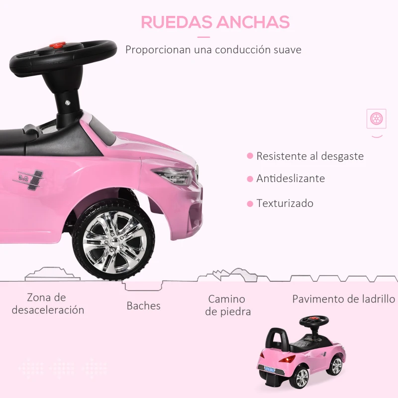 HOMCOM Coche Correpasillos para Niños de 18-36 Meses con Faros Música Bocina Volante Espacio de Almacenaje y Asa Rosa