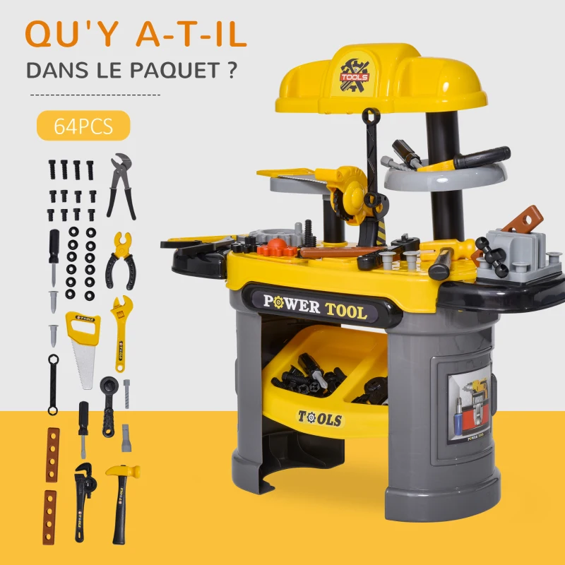 HOMCOM Etabli et Outils pour Enfants Jeu d'imitation 64 Accessoires Inclus Jaune et Gris