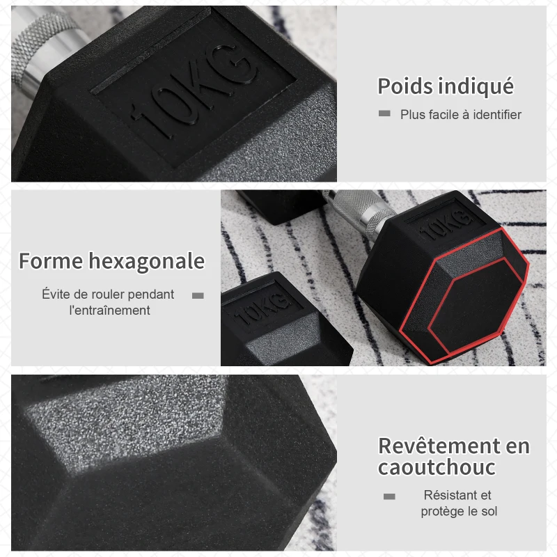 HOMCOM Ensemble d'haltères courtes total 2 x 10 Kg, haltères musculation fitness pour homme et femme, entraînement musculaire & haltérophilie - métal caoutchouc noir