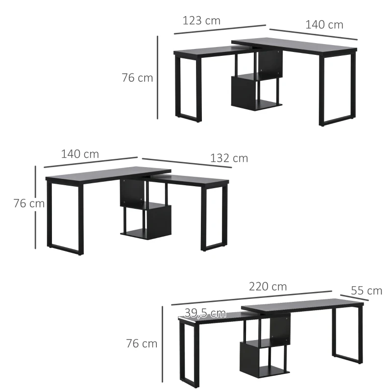 HOMCOM Mesa Escritorio en L Mesa para Oficina Giratoria 360 Grados Múltiples Formas con Estante en S de 2 Niveles Gran Espacio de Almacenaje 220x55x76 cm Negro