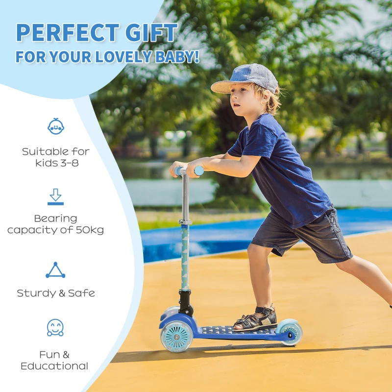 HOMCOM Kids 3 Wheel Scooter Foldable Toddler Kick Scooter Adjustable Height LED Flashing Wheels for Boys and Girls 3-8 Years Blue