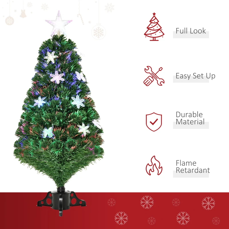 HOMCOM 3FT Prelit Artificial Christmas Tree Fiber Optic LED Light Holiday Home Xmas Decoration Tree with Foldable Feet, Green