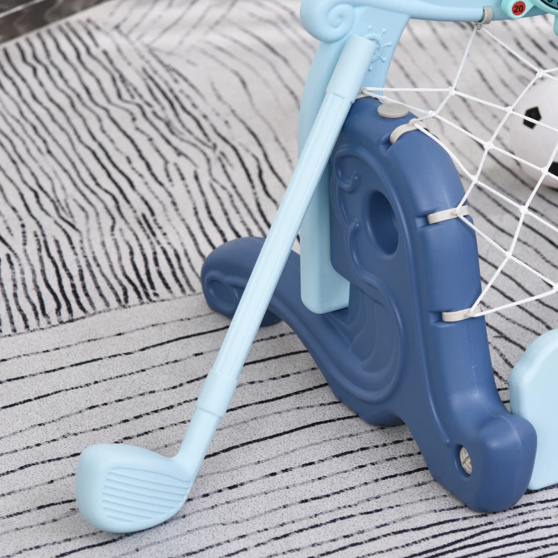 HOMCOM Canasta de Baloncesto con Soporte 4 en 1 Juego de Golf Balón de Fútbol con Altura Ajustable Centro de Actividades para Niños de +3 Años 58x56x154 cm Azul