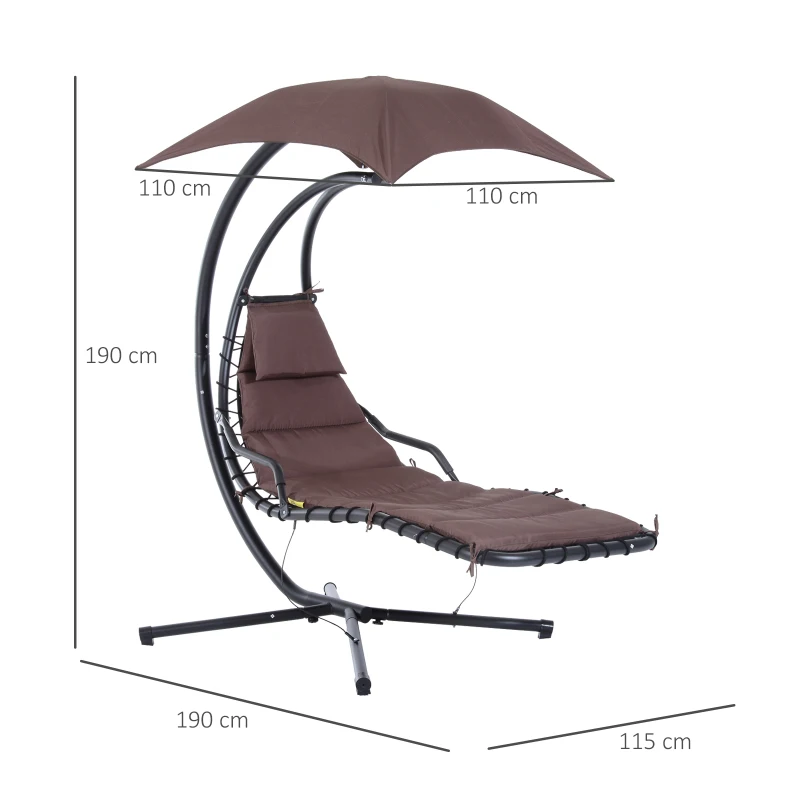 Outsunny Bain de Soleil transat Suspendu Chaise Suspendu Extérieur avec Pare-Soleil et Matelas Design Contemporain 194L x 117l x 192H cm Acier Polyester Taupe Noir