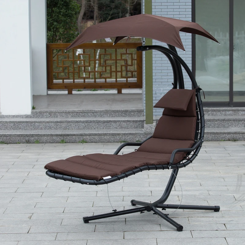 Outsunny Bain de Soleil transat Suspendu Chaise Suspendu Extérieur avec Pare-Soleil et Matelas Design Contemporain 194L x 117l x 192H cm Acier Polyester Taupe Noir