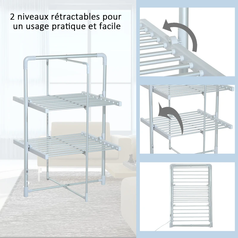 HOMCOM Séchoir à linge étendoir à linge électrique chauffant pliable 2 niveaux 200 W 50-55° C aluminium