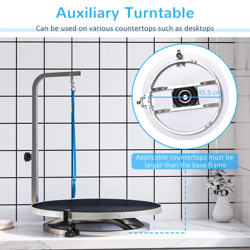 PawHut Round Pet Grooming Table Rotatable Dog Drying Table Adjustable Arm Stainless Steel Frame Safety Leash Φ55 cm Black