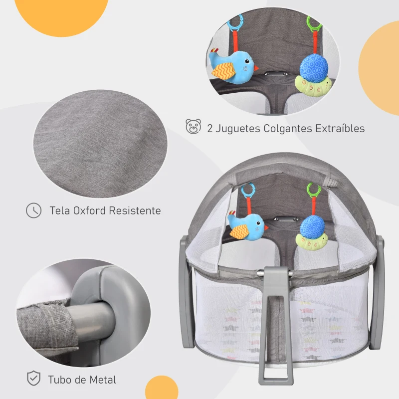 HOMCOM Cuna de Viaje Plegable y Portátil Cuna Infantil para Bebé con Bolsa de Transporte Dosel Extraíble Colchón hasta 15 kg 70x74x78 cm Gris