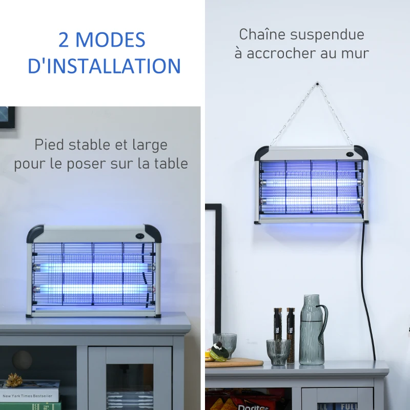 Outsunny Lampe anti-moustique, tueur d'insectes électrique UV 20W, tue-mouche électrique, efficace sur une surface de 60 m², piège à moustique pour intérieur et extérieur, gris