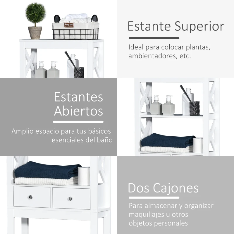kleankin Estantería para Baño sobre Inodoro WC Lavadora Mueble con 3 Estantes y 2 Cajones con Dispositivo Antivuelco 60x20x165 cm Blanco