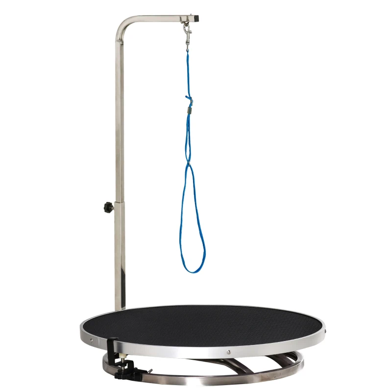 PawHut Round Pet Grooming Table Rotatable Dog Drying Table Adjustable Arm Stainless Steel Frame Safety Leash Φ55 cm Black