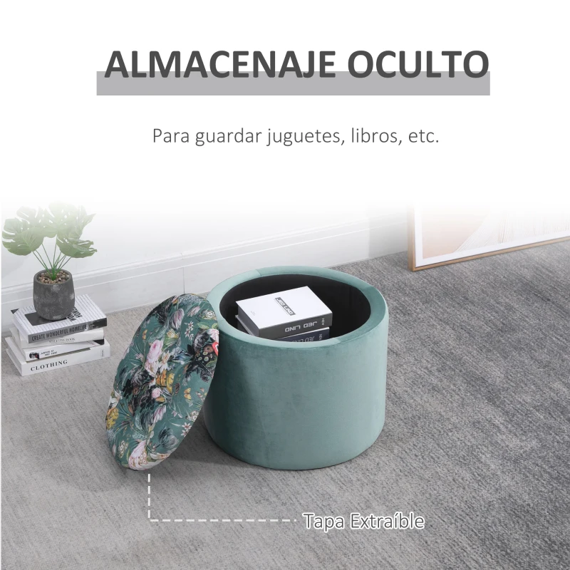 HOMCOM Taburete de Almacenaje Baúl Puf o Reposapiés Redondo con Tapa Extraíble Acolchado y Tapizado para Sala de Estar Dormitorio Φ50x38 cm Turquesa