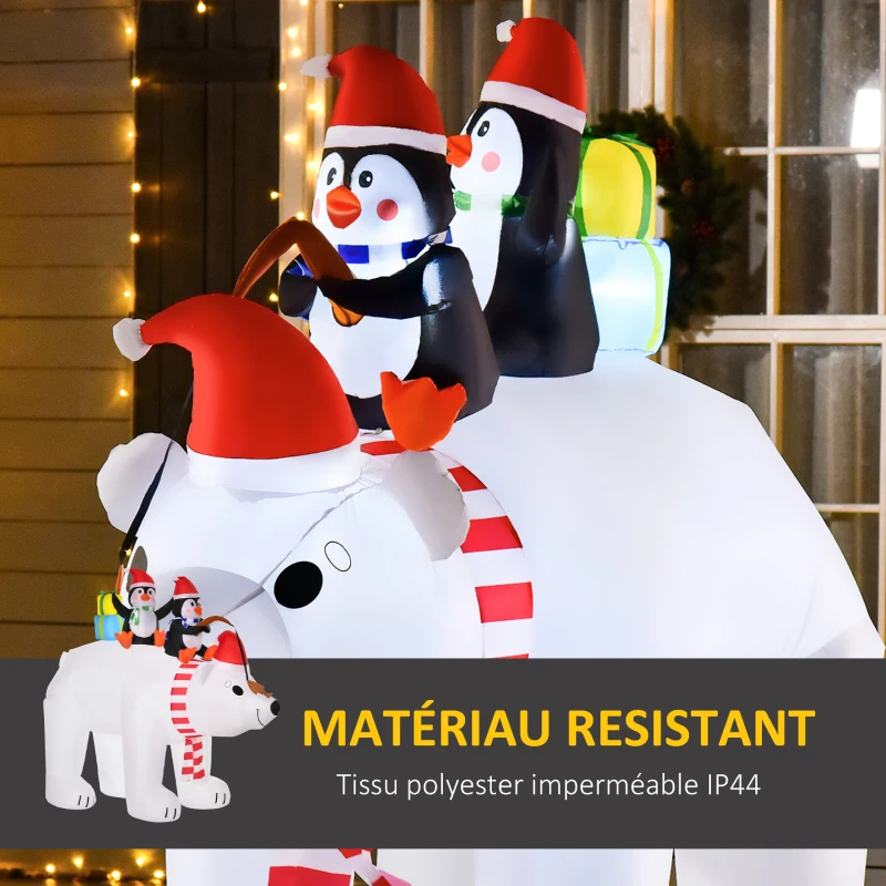 HOMCOM Ours Polaire Gonflable de Noël avec Lumières LED 206cm Décoration Gonflable de Noël Imperméable avec 2 Pingouins