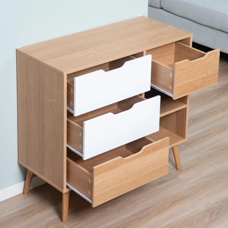 HOMCOM Buffet de salle à manger et cuisine Commode Meuble de Rangement sur Pieds avec 4 tiroirs 2 niches Style scandinave Blanc Aspect Bois Clair