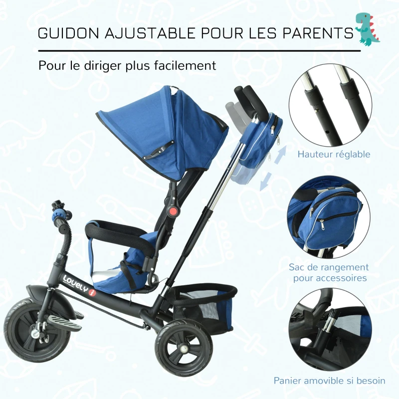 HOMCOM Tricycle Enfants évolutif Canne et Pare-Soleil Pliable Amovible Sacoche et Panier 102 x 49l x 102 cm Acier Bleu