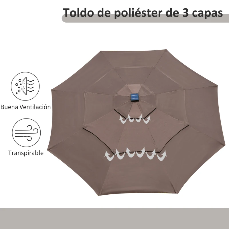 Outsunny Sombrilla de Jardín Ø300x250cm con Luces LED y Panel Solar Manivela Ángulo Ajustable en 3 Posiciones Parasol para Patio Terraza Piscina Café