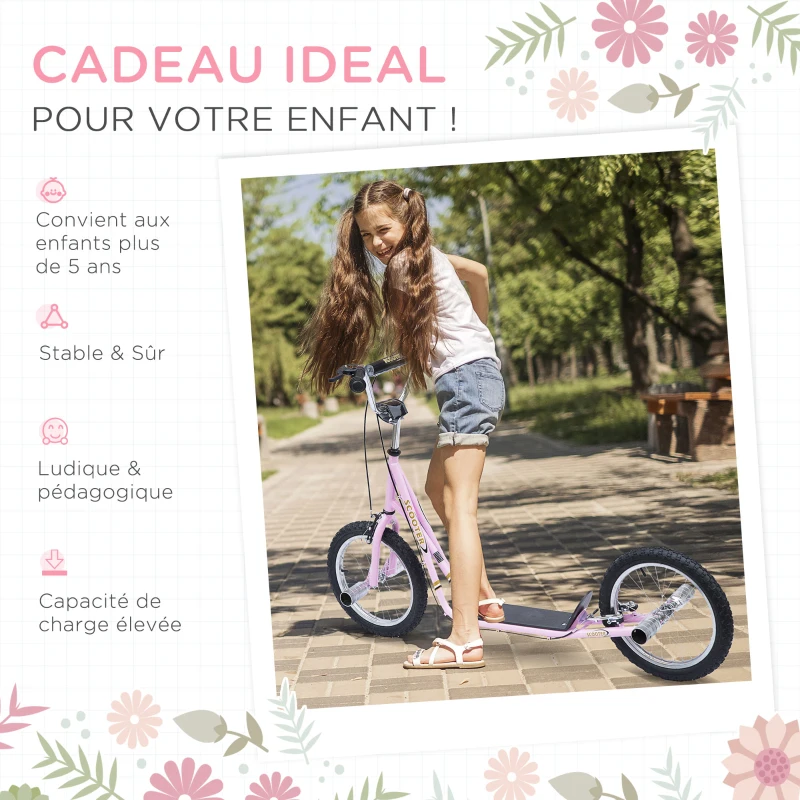 HOMCOM Trottinette patinette Grandes Roues pneumatiques Ø 41 cm avec pegs Rose