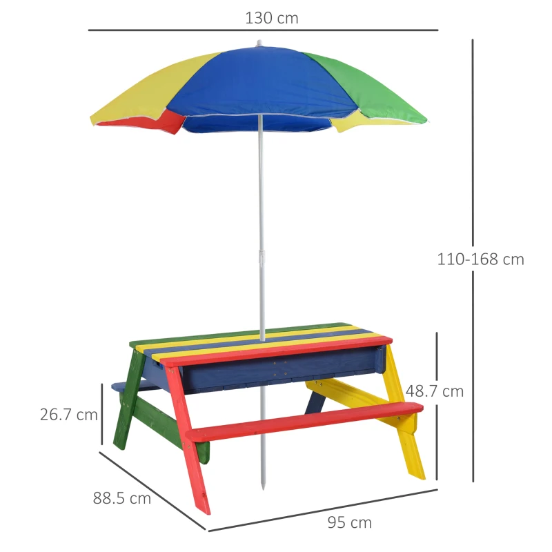 Outsunny Kids Picnic Table Set Wooden Bench Rainbow with Sandbox Removable & Height Adjustable Parasol Outdoor Garden Patio Backyard Beach 95 x 88.5 x 48.7cm