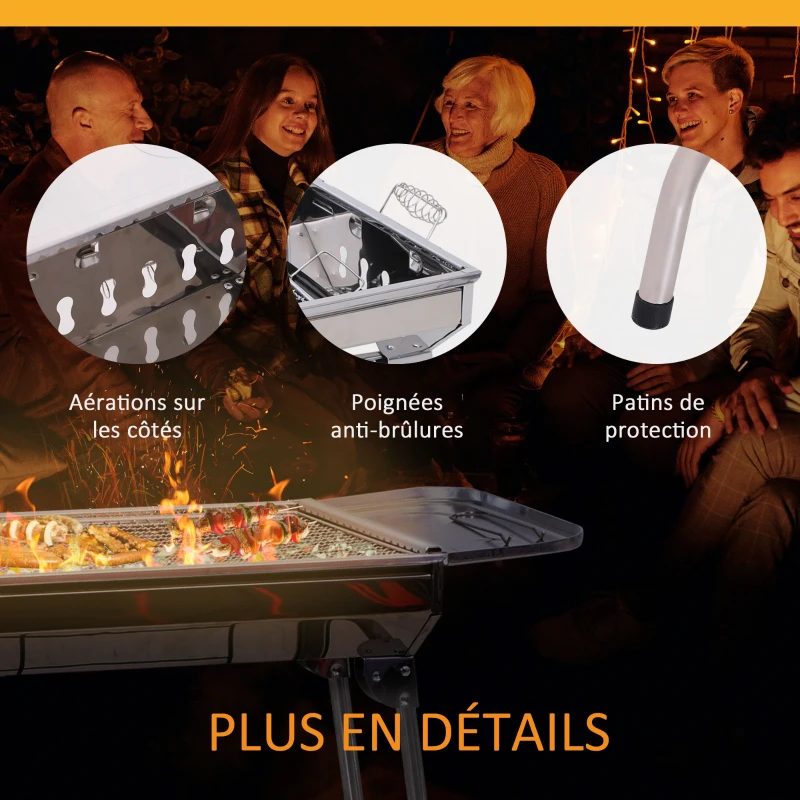 Outsunny Barbecue à Charbon Pliable Portable BBQ Grill sur Pied avec étagères + Grille + Plaque Cuisson dim. 104L x 33l x 70H cm Acier INOX.