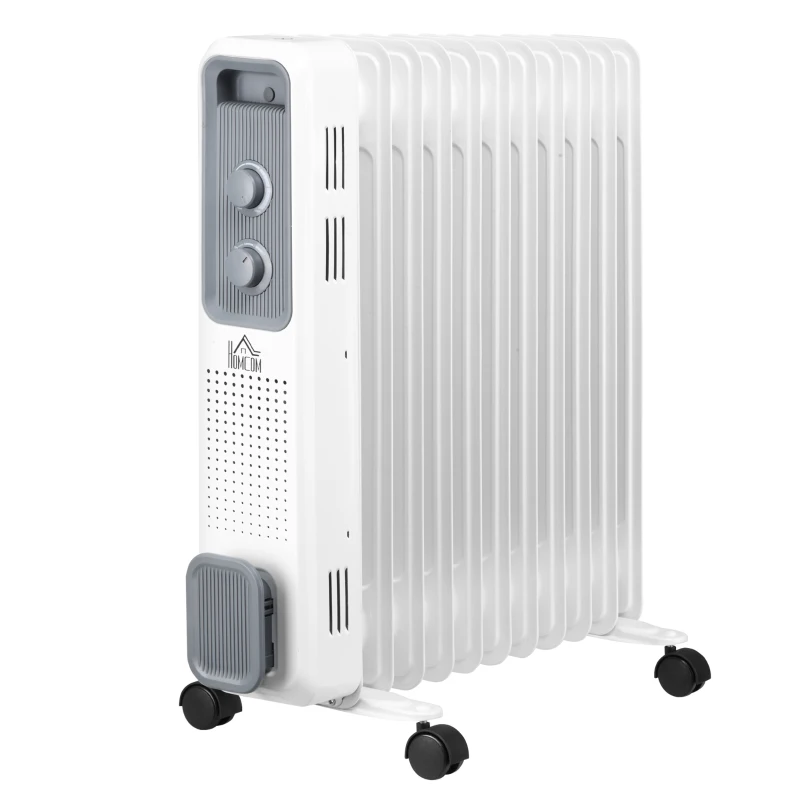 HOMCOM 2500W Oil Filled Radiator, 11 Fin, Portable Electric Heater with 3 Heat Settings, Safety Cut-Off and Wheels, White