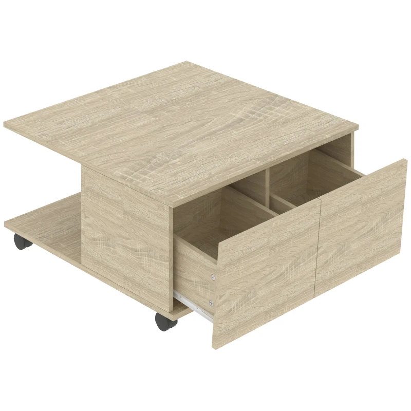 HOMCOM Mesa de Centro con Ruedas Mesa Baja de Salón con 2 Estantes Abiertos y 2 Cajones de Almacenaje 70x70x35 cm Natural