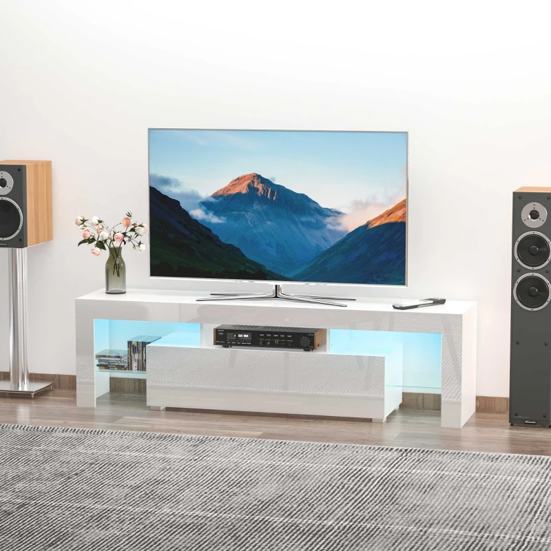 HOMCOM High Gloss TV Stand Cabinet with LED RGB Lights and Remote Control for TVs up to 65", Media TV Console Table with Storage Compartment, White