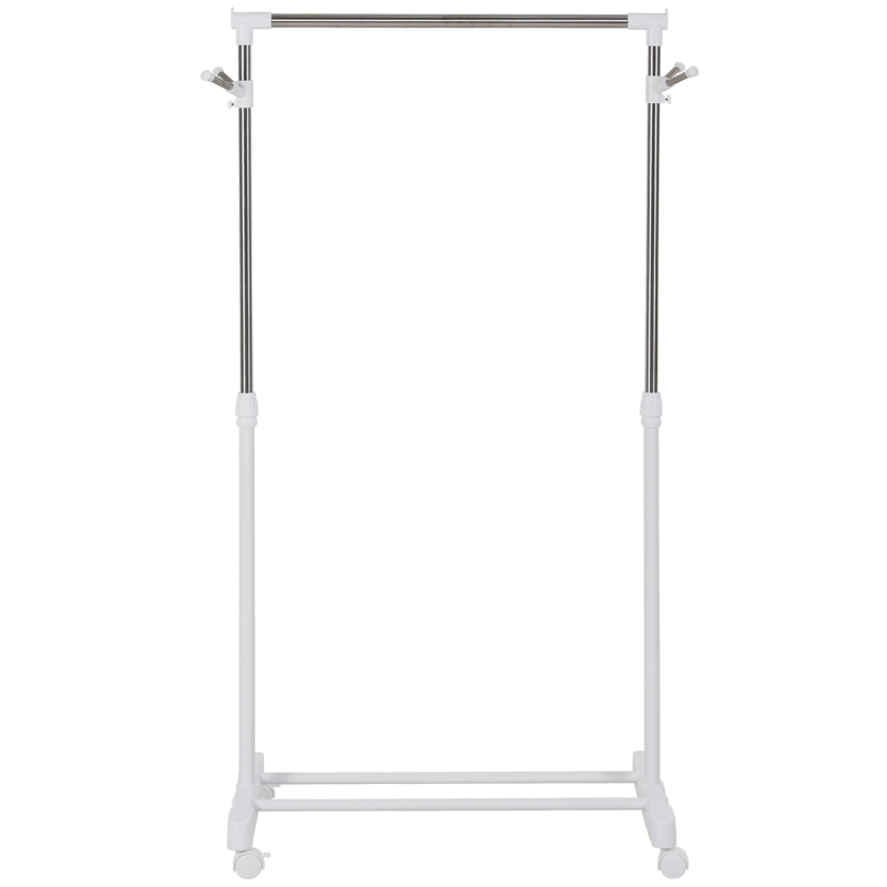 HOMCOM Estante de Ropa Perchero Estándar de Barra Altura Ajustable Portátil con Estante Inferior sobre Ruedas Tubería de Acero 68,5x42x87-145 cm Blanco Plata