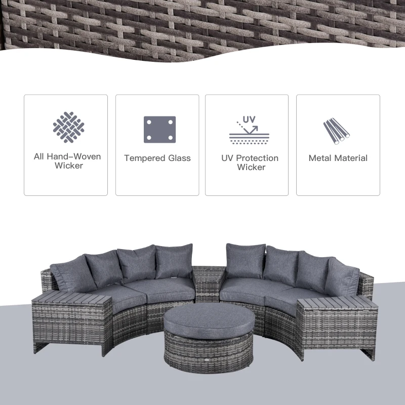 Outsunny 8 Pieces Outdoor PE Rattan Patio Sofa Set Half Round Conversation Furniture Set w/ Umbrella Hole and Two Stroage Functional Side Tables and Cushioned, Grey