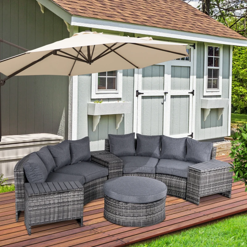 Outsunny 8 Pieces Outdoor PE Rattan Patio Sofa Set Half Round Conversation Furniture Set w/ Umbrella Hole and Two Stroage Functional Side Tables and Cushioned, Grey