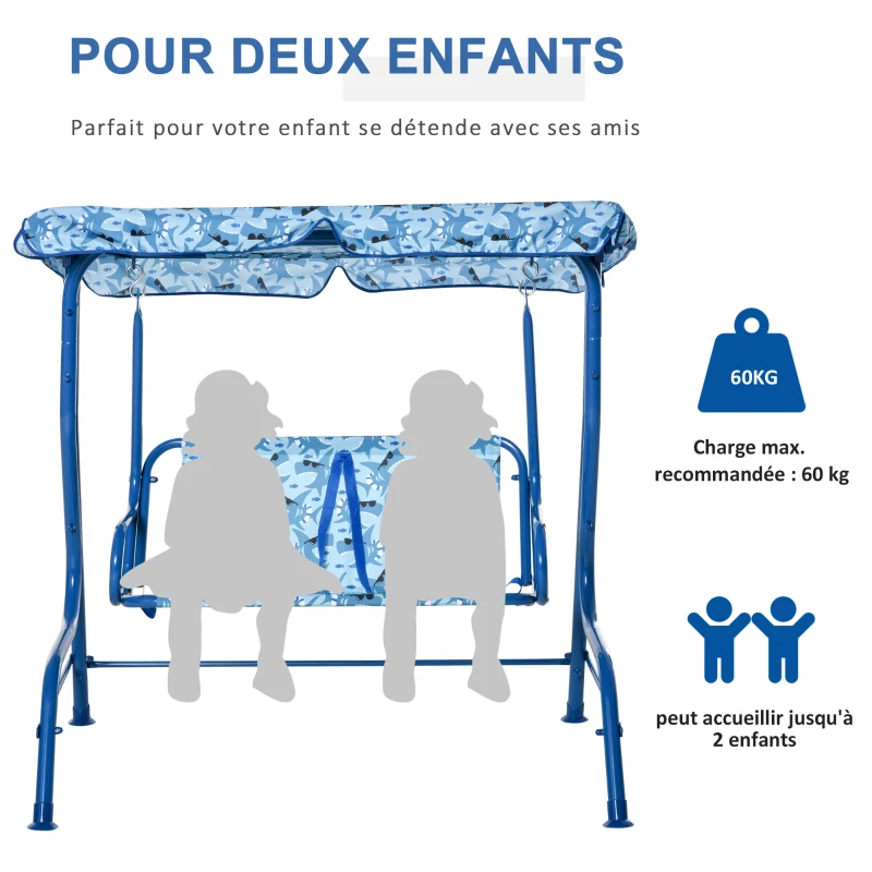 Outsunny Balancelle de Jardin 2 Places pour Enfants Ceintures sécurité réglables accoudoirs Pare-Soleil inclinable Motif Requin Bleu