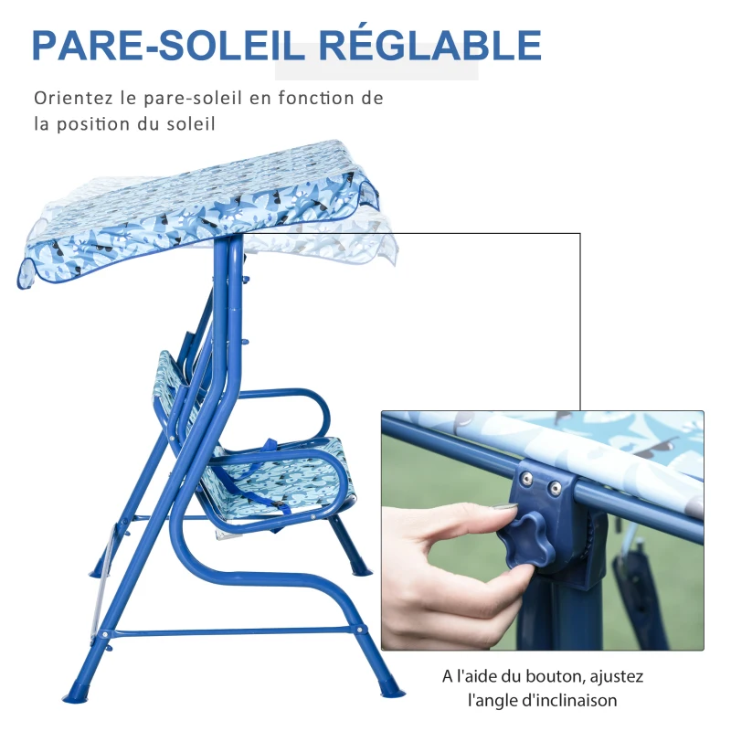 Outsunny Balancelle de Jardin 2 Places pour Enfants Ceintures sécurité réglables accoudoirs Pare-Soleil inclinable Motif Requin Bleu