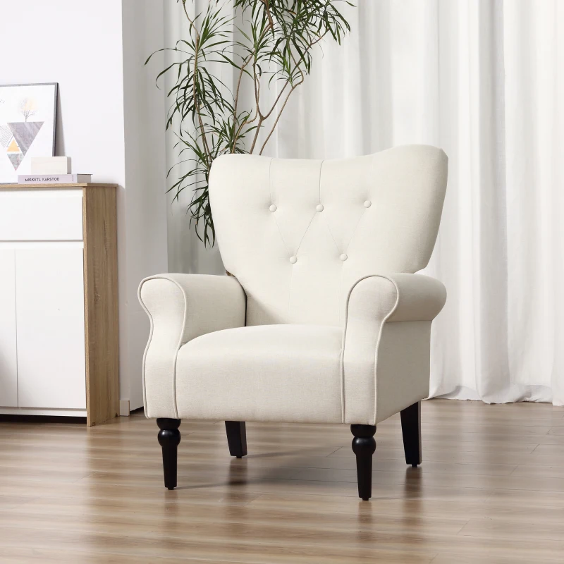HOMCOM Fauteuil Classique Esprit bohème-Chic Dossier 5 Boutons accoudoirs courbés piètement Bois hévéa Noir revêtement Aspect Lin écru