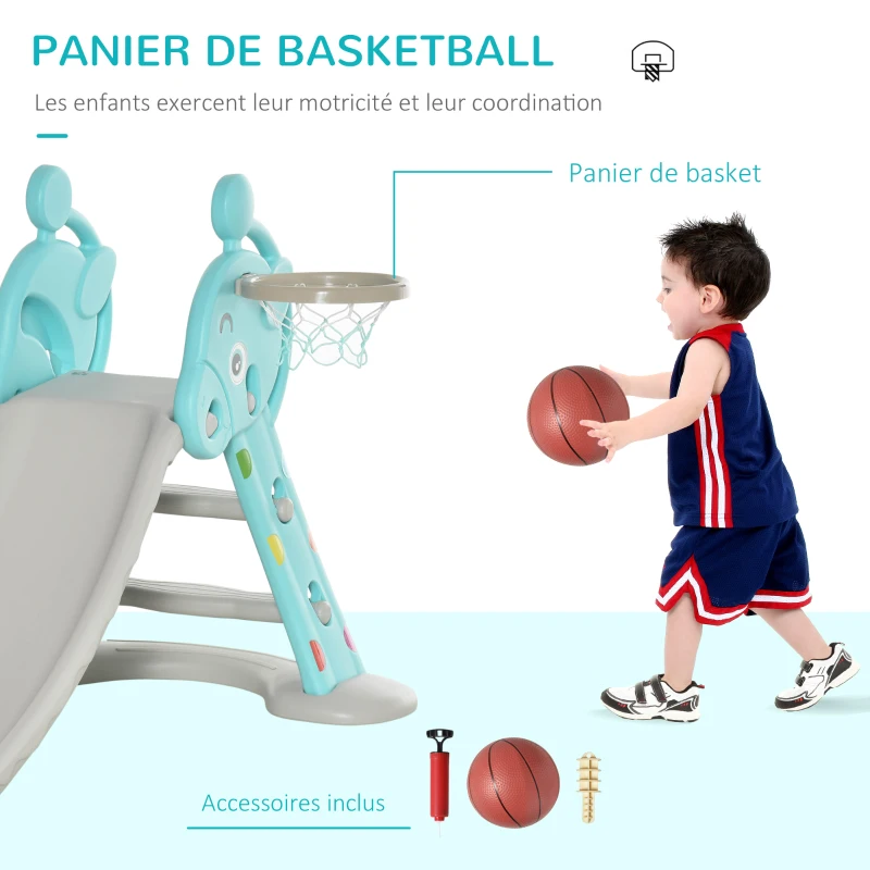 HOMCOM Toboggan Enfant avec Panier de Basket-Ball Échelle d'escalade pour enfant +18 mois Usage intérieur et extérieur Charge Max 20KG dim. 147L x 82l x 85,5H cm Bleu et Gris