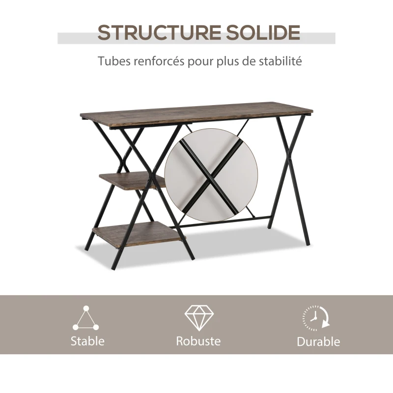 HOMCOM Bureau Informatique Design Industriel 2 étagères châssis piètement croisé métal Noir MDF Aspect Bois Brun