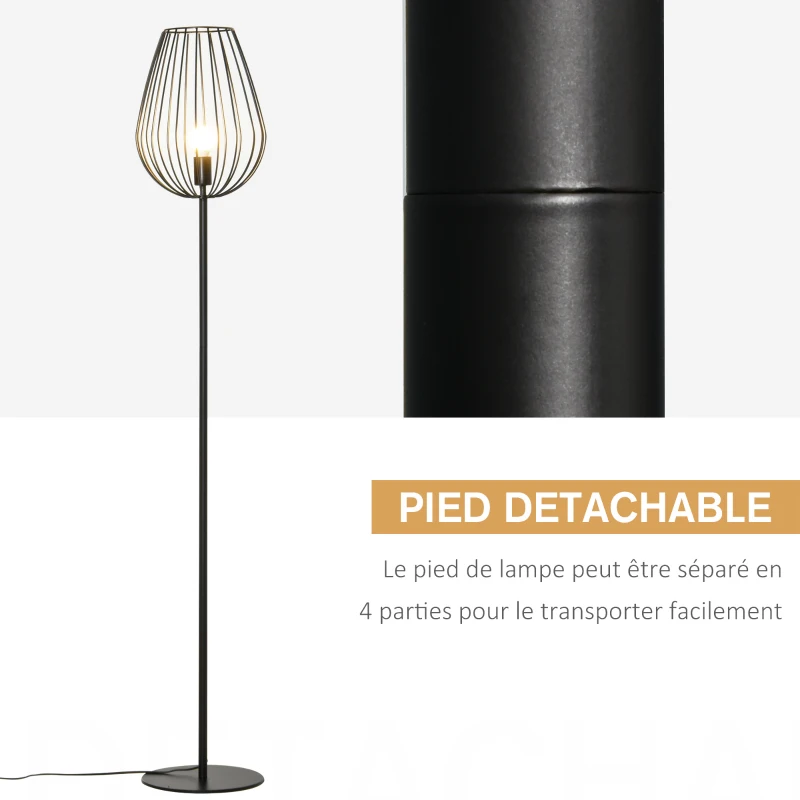 HOMCOM Lampadaire abat-jour avec interrupteur au pied style rétro industriel en grille métallique ampoule E27 40 W max. 27,5 x 27,5 x 159 cm noir