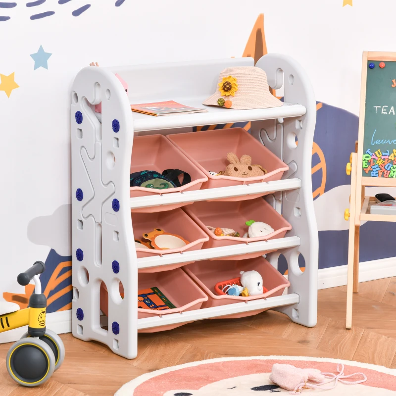 HOMCOM Estantería Infantil de Juguetes Organizador Almacenaje de Niños con 6 Cajas y Estante de HDPE para Sala de Juegos Guardería Libros 76x36x92 cm Coral y Blanco