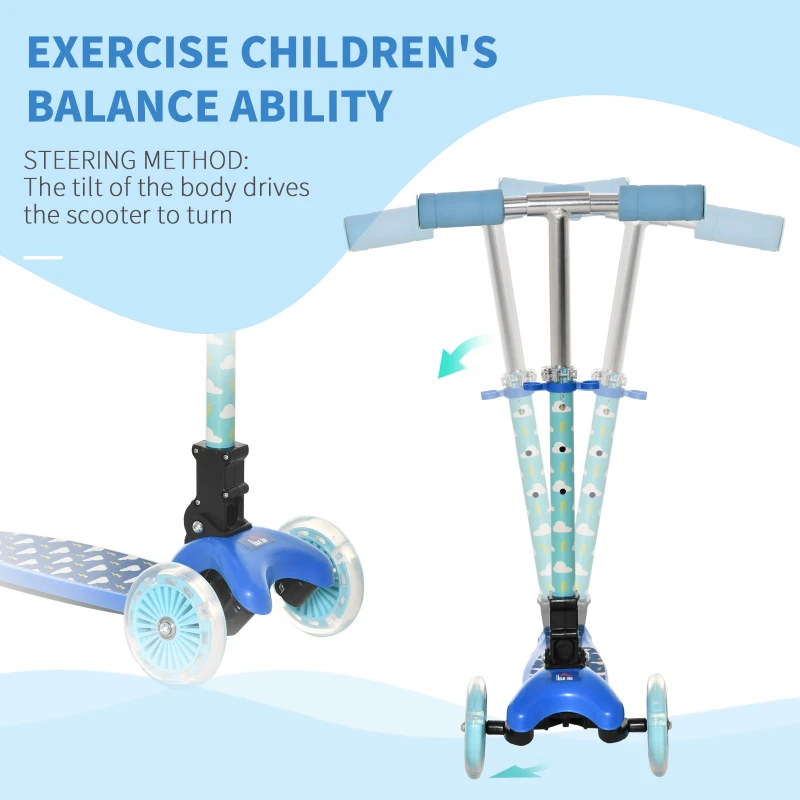 HOMCOM Kids 3 Wheel Scooter Foldable Toddler Kick Scooter Adjustable Height LED Flashing Wheels for Boys and Girls 3-8 Years Blue