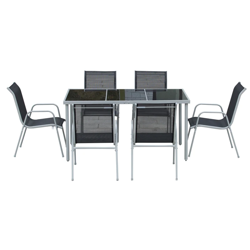 Outsunny Ensemble de jardin 6 pers. - table de jardin extérieure avec 6 chaises empilables plateau verre trempé 5 mm métal époxy gris textilène noir