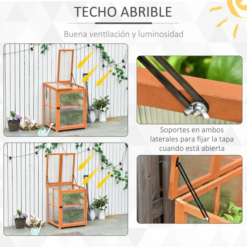 Outsunny Mini Invernadero de Jardín Invernadero de Madera y Paneles de Policarbonato Vivero Casero con 2 Estantes Tapas y Puerta para Plantas Huerto Jardinería 62x63x82 cm Madera Natural