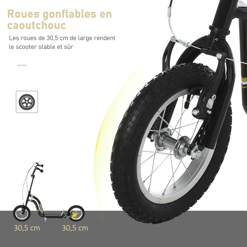 HOMCOM Trottinette enfants, grandes roues pneumatiques 12 pouce en caoutchouc, charge 100 kg, trottinette tout terrain avec double freins, hauteur réglable et béquille latérale, 5 à 12 ans, noir(m-7)