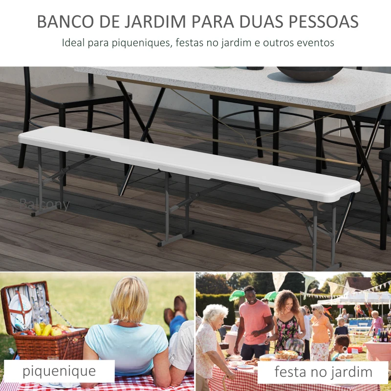 Outsunny Banco de Jardim Dobrável Banco de Exterior de 3 Lugares com Estrutura de Aço Carga 360 kg p183x28x43 cm Branco