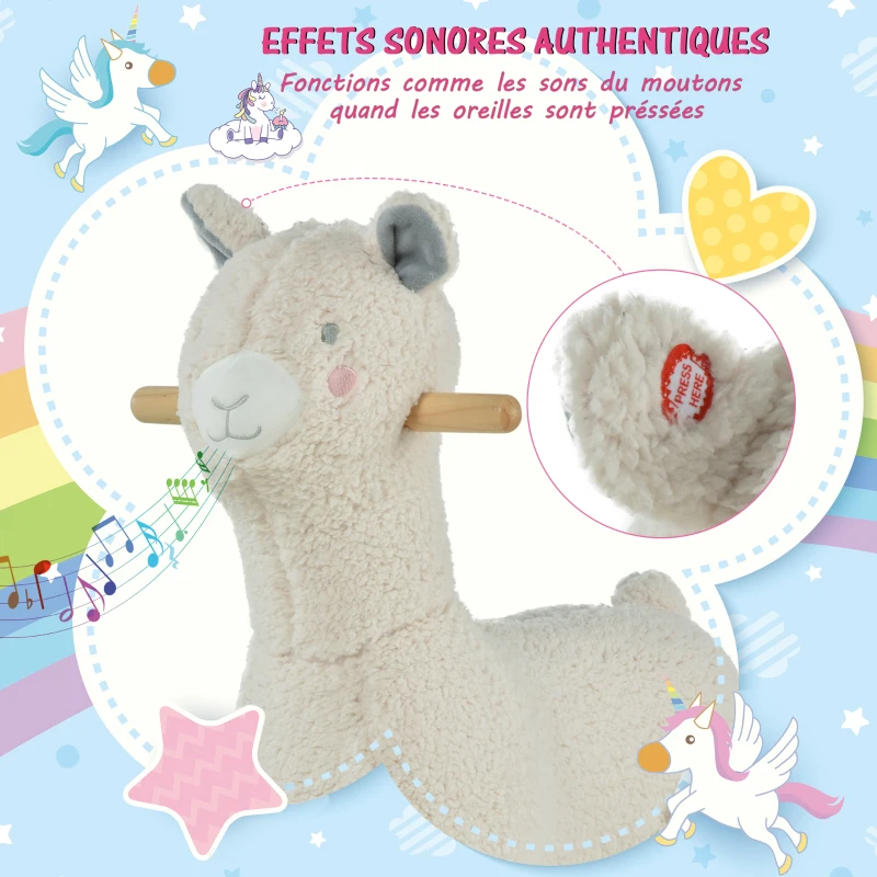 HOMCOM Cheval à Bascule modèle Lama Fonction vocale Bois peuplier Peluche Douce crème