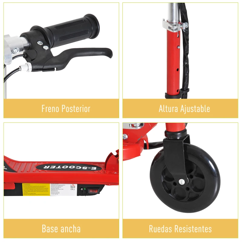 HOMCOM Patinete Eléctrico para Niños de +7 Años Scooter Plegable con Altura Ajustable Batería Recargable 24V Velocidad hasta 12 km/h y Freno Carga 50 kg 74x36x73-91 cm Rojo