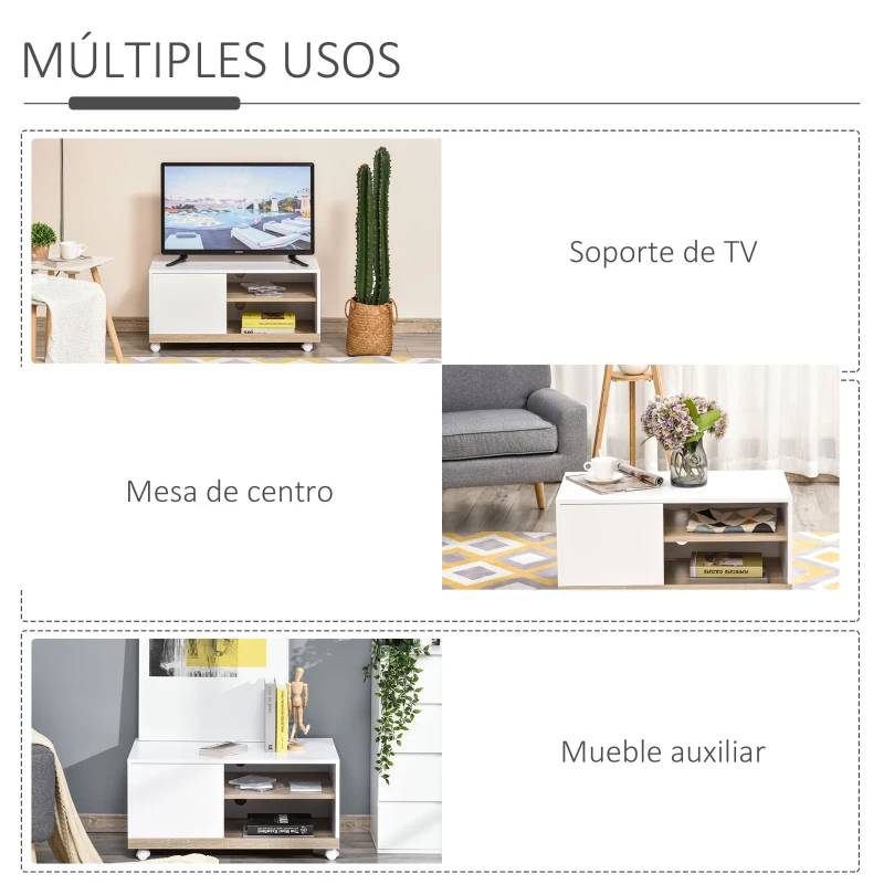 HOMCOM Mueble para TV Televisión de 42 Pulgadas Mesa de Salón Moderno Móvil con 4 Ruedas Estante Ajustable y Armario Amplio Espacio 80x45x39,5 cm Blanco