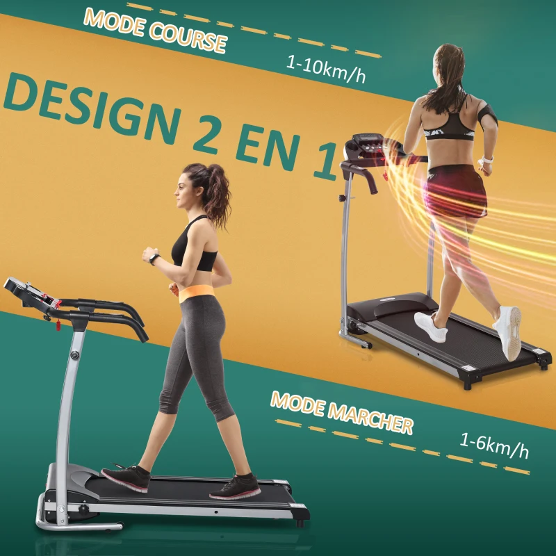 HOMCOM Tapis de course électrique pliant 440 W tapis roulant motorisé vitesse réglable 1-10 Km/H écran LCD multifonctions 12 programmes prédéfinis support iPad porte-gobelets châssis acier noir argent