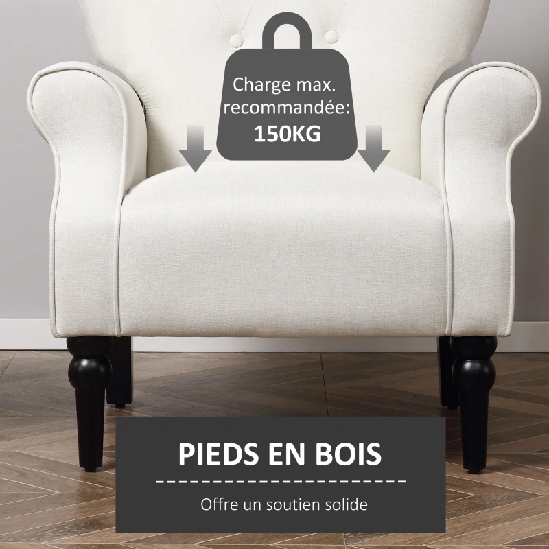 HOMCOM Fauteuil Classique Esprit bohème-Chic Dossier 5 Boutons accoudoirs courbés piètement Bois hévéa Noir revêtement Aspect Lin écru