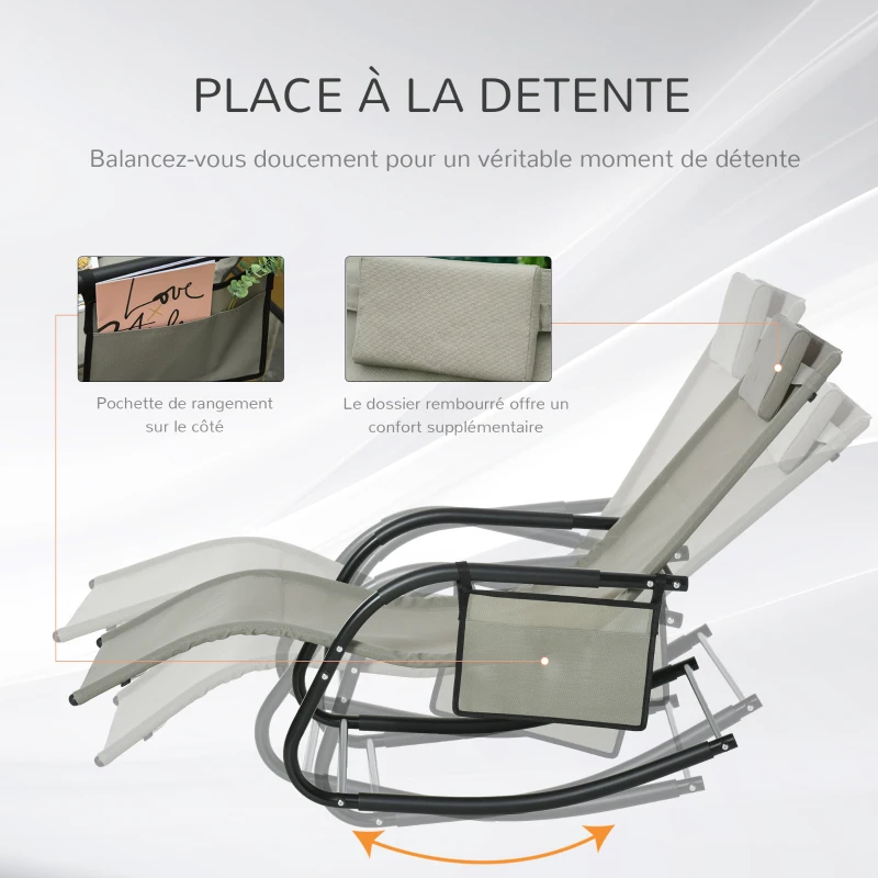 Outsunny Chaise Longue à Bascule - Rocking Chair Ergonomique - tétière Amovible, accoudoirs, Pochette Rangement - métal époxy textilène Gris Clair