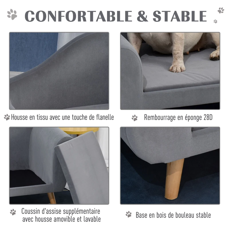 PawHut Canapé chien lit pour chien méridienne design scandinave coussin moelleux pieds bois massif dim. 82 x 55 x 49 cm velours gris
