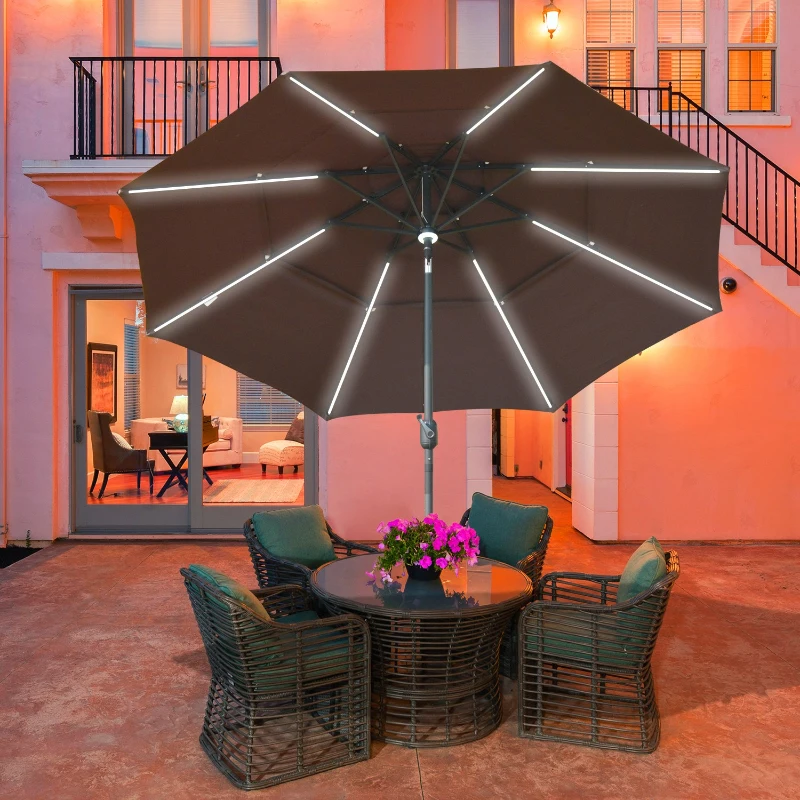 Outsunny Sombrilla de Jardín Ø300x250cm con Luces LED y Panel Solar Manivela Ángulo Ajustable en 3 Posiciones Parasol para Patio Terraza Piscina Café